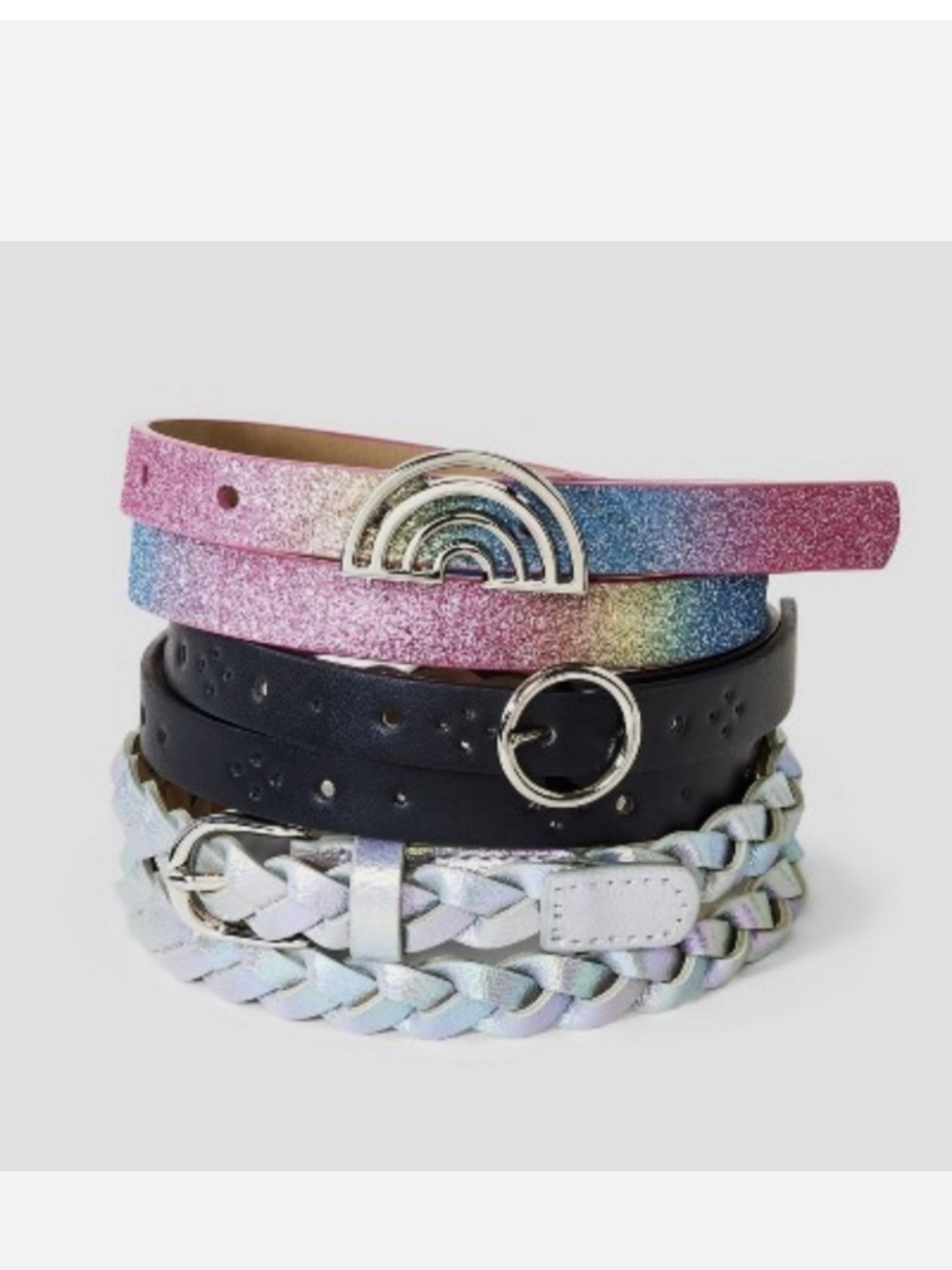 Target Women’s Rainbow Glitter, Black, and Iridescent Braided Belt Set